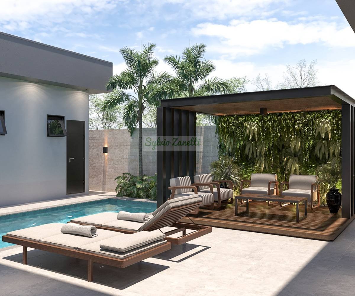 Linda residência terrea de alto padrão com piscina no Condomínio Santorini com previsão de entrega Junho de 2025